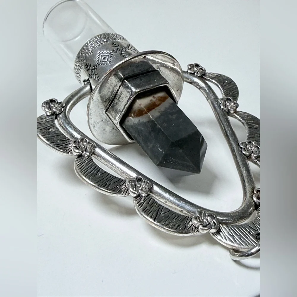 NWOT - Silver Floral Essential Oil Rollerball Necklace with Ocean Jasper Stone